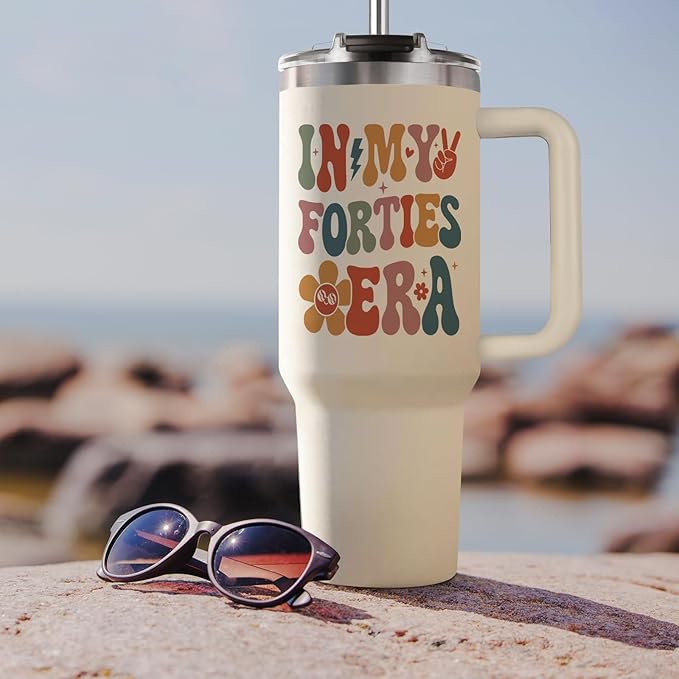 Shqiueos 40th Birthday Gifts for Women 40oz Tumbler with Handle and Straw Lid, 40 Year Old Gifts for Her, Mom, Friend, Sister, Daughter, 40s Birthday Decoration-In My Forties Era Cup Water Bottle