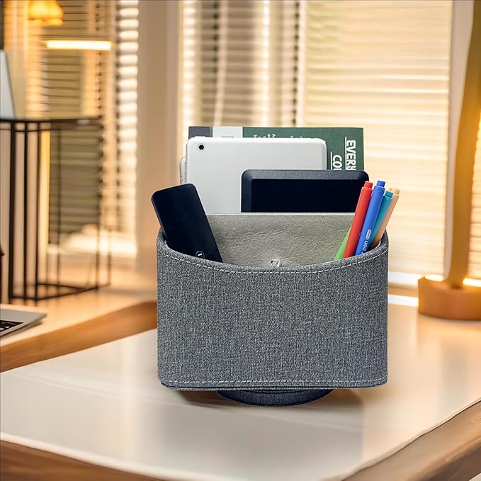 UnionBasic Rotating Desk Organizer, 360 Degree Desk Spinning Caddy, Desktop TV Guide/Mail/Media/Remote Controller Holder Organizer, Grey Linen Texture