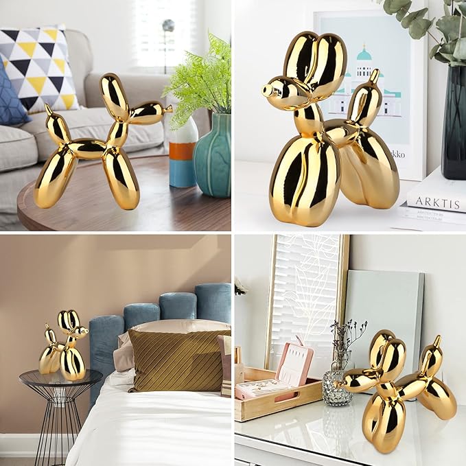 Balloon Dog Sculpture Modern Home Decor Collectible Figurines Funky Statues for Bedroom Trendy Animal Decor for Coffee Table Living Room Decor, 11.8 * 11.8 * 4.7inch, Gold