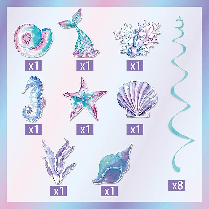 Little Mermaid Party Decorations Streamers - 16Pcs Under The Sea Classroom Hanging Swirl Ceiling Decor,Pool Beach Ocean Underwater Girls Birthday Summer Baby Shower Banner Supplies Hugtmr