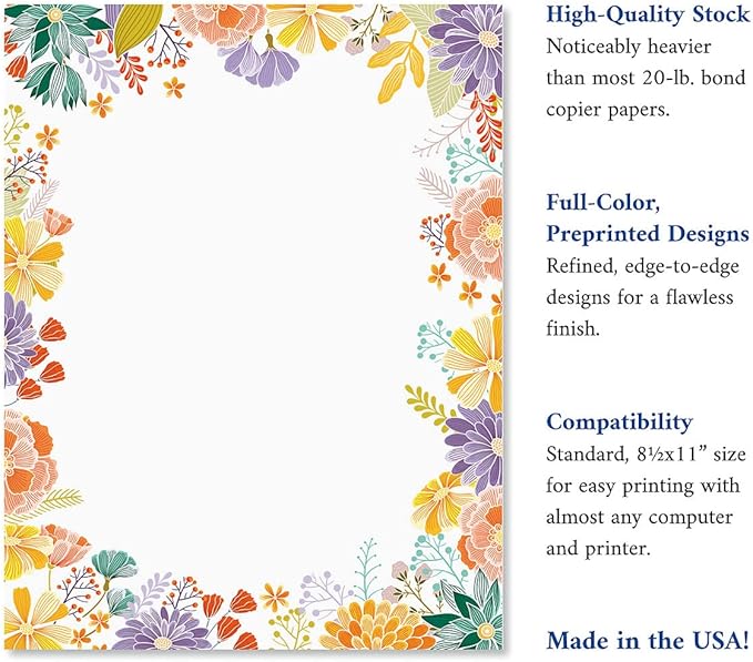 Current Wildflower Floral Letter Paper - Spring Stationery Papers With Decorative Wildflower Border, Printable Holiday, Wedding & Bridal Shower, & Invitation Sheets, Set of 25, 8 1/2" x 11"