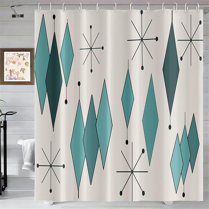 Mid Century Turquoise Shower Curtain Abstract Teal Diamond Geometric Atomic Starburst Pattern Beige Backdrop for 1950s Retro Bathroom Decor Shower Curtain Set with 12 Hooks, 72x84 Inches