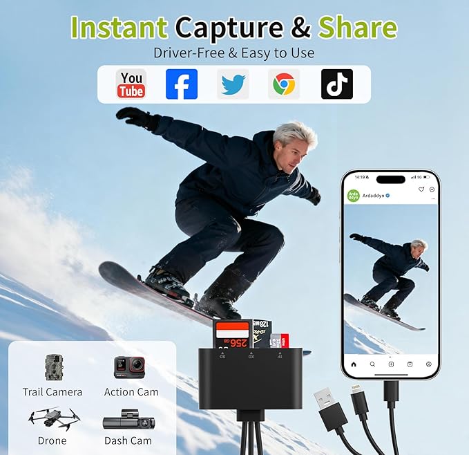 XD Card Reader for Olympus Fujifilm, 3-in-1 XD Picture Card Adapter with Lightning/USB-A/USB C for iPhone 17/16/15/14/13/12 iPad Android PC, Memory Cards Reader for SD/TF/XD Cards and Digital Cameras