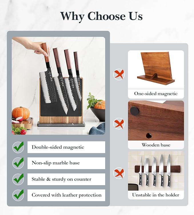HEZHEN Double-sided Magnetic Knife Holder without Knives, Acacia Wood Knife Block with Leather Cover, Space-saving Knife Storage, Strong Enhanced Magnets Strip, Non-slip Marble Base