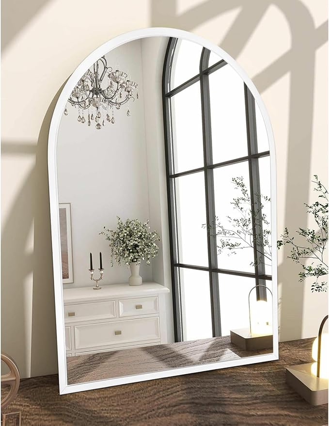Wall Mirror Arched Metal Framed Mirrors for Wall Modern Hanging Mirror with Aluminum Frame for Bathroom Bedroom Living Room Entryway Home Decor White 28"x20"