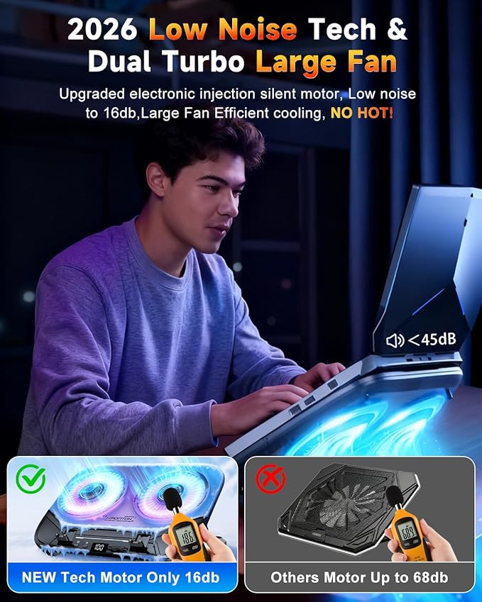 2026 Upgraded Laptop Cooling Pad with Dual TEC Cooler, Gaming Laptop Cooler, 2 Powerful Turbo Fans, Fast Cooling Laptop 12-21in, 5 Height Stands, 100 Gear Speed Adjust, LCD Screen, RGB, Phone Holder