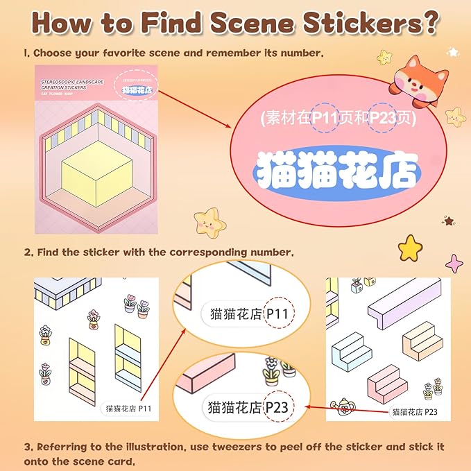 ASTARON 20 Sets DIY 3D Sticker Scene Book Sticker Therapy for Adults, Make Your Own Mini Cozy Shop House Room Stickers Cute Cartoon Miniature Stickers Relief Stress Pass The Time