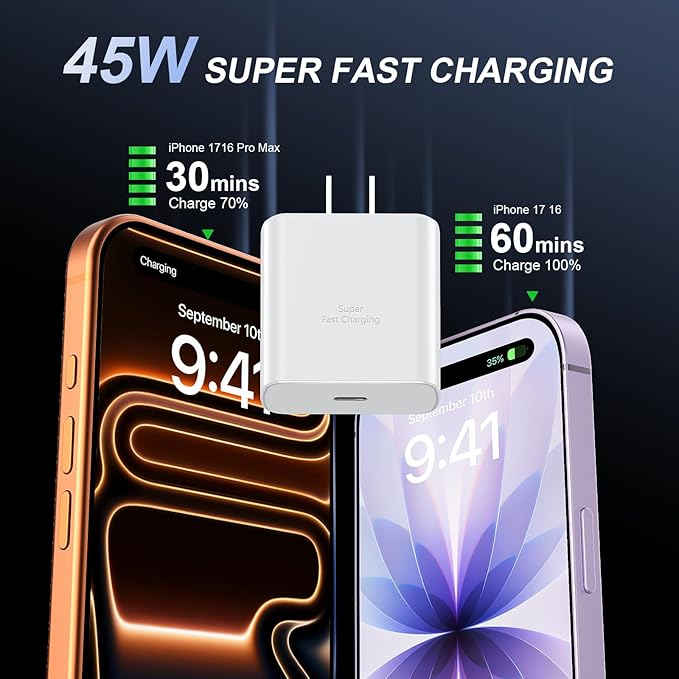 Phone 17 16 Pro Max Charger Fast Charging, 45W USB C Phone 17 16 Super Fast Charger Block with 10ft Long Type C Charging Cable Cord for i.Phone 17 Pro Max/17 Pro/17 Air/17/16/16Pro-White+Purple