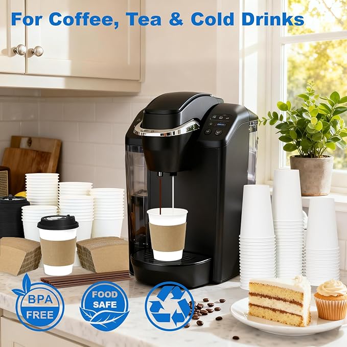 Coolcap 12 oz 100 Pack Coffee Cups with Lids and Sleeves, Straws, Hot Disposable To Go Travel Paper Cups Bulk for Office, Home Coffee Bar Accessories, Chocolate, Cocoa, Beverage (White)