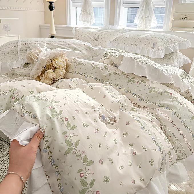 Twin XL Comforter Set Cute Flower Green Leaves Pattern Comforter White Ruffle Bedding Comforter with 2 Pillowcases Reversible Green Plaid Comforter Botanical Flower Cute Rabbit Comforter Set