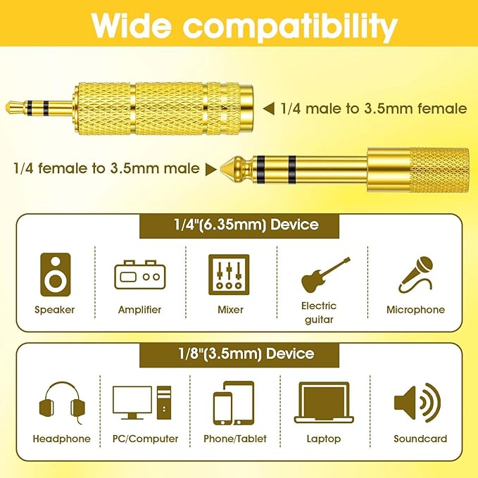 8 Pack 3.5mm to 1/4" Adapter, Headphone Jack Adapter, 1/8 inch Male to 1/4 inch Female and 1/4" to 3.5mm Audio Converter for Electric Guitar, Keyboard, Mixer, Amp, Amplifier, Bass, Headphone, Headset