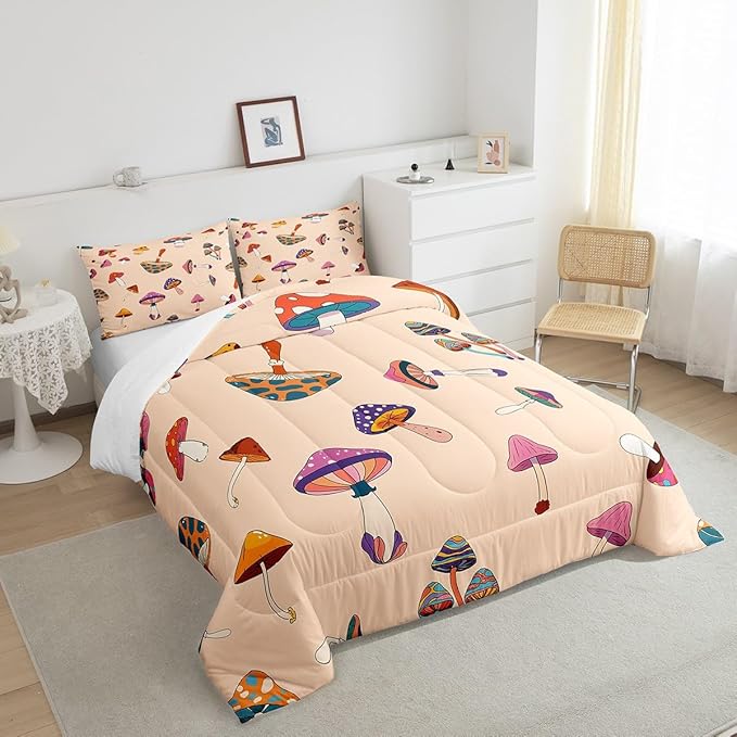 Retro Mushroom Twin Size Comforter Set,Hippie Plant Duvet Set with 1 Pillowcase for Kids Boys,60s 70s Cartoon Style Soft Microfiber Bedding Comforters