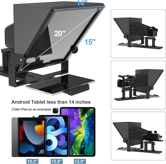 20-Inch HD Wide-Angle Teleprompter, Manually Adjustable Height, Compatible with Multiple Devices, Includes Remote Control & Free Teleprompter App