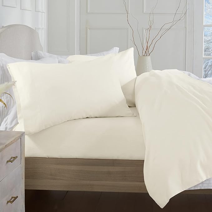 Market & Place 100% Turkish Cotton Flannel Sheet Set | 4 Piece Deep Pocket Solid Cozy Winter Bed Sheets | Double Brushed for Extra Softness & Comfort | Chalet Collection (Queen, Ivory)