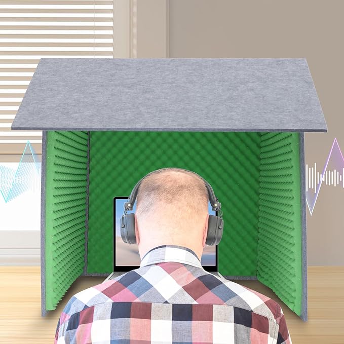 Desktop Soundproof Cover 31" H X 31" W X 31" L Recording Booth Portable Vocal Recording Booth with Double Sound Insulation Vocal Sound Absorbing Shield for Recording Studios, Offices（Green+Gray）