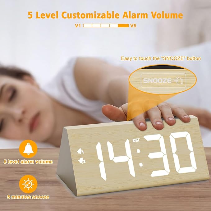 fomobest Wooden Digital Alarm Clock with Dual USB Charging Ports, DST, Dimmable, Snooze, Modern Large Time Display LED Clock for Kids Bedrooms, Living Room, Desk, Table, Bedside, Nightstand (Bamboo)