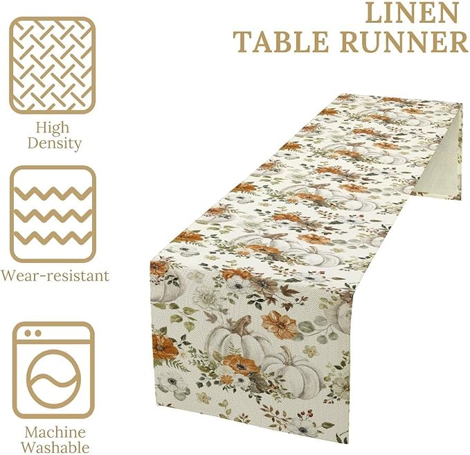 Fall Pumpkin Table Runner Rustic Floral Watercolor Plants White Vegetables Flowers Pastoral Theme Home Decor for Farmhouse Indoor Outdoor Party Holiday Dining Kitchen Restaurant Cafe W13xL120in