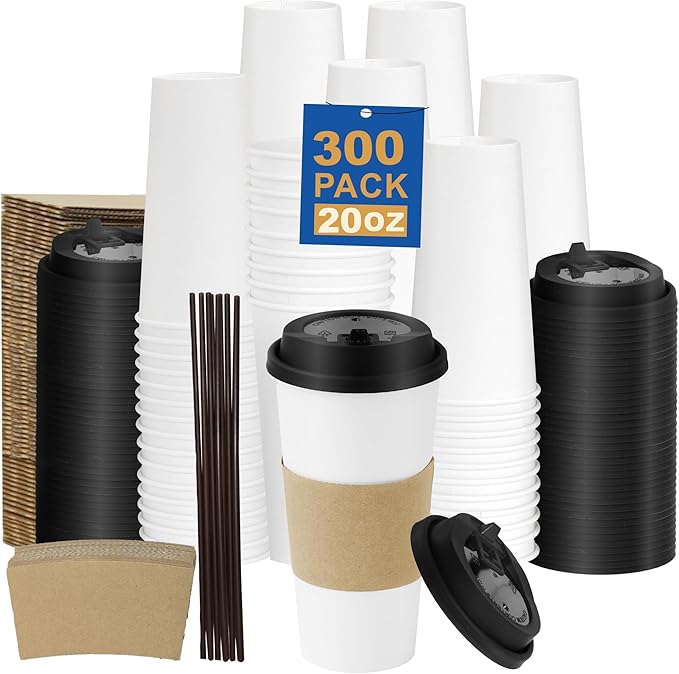 Coolcap 20 oz 300 Pack Coffee Cups with Lids and Sleeves, Straws, Hot Disposable To Go Travel Paper Cups Bulk for Office, Home Coffee Bar Accessories, Chocolate, Cocoa, Beverage (White)