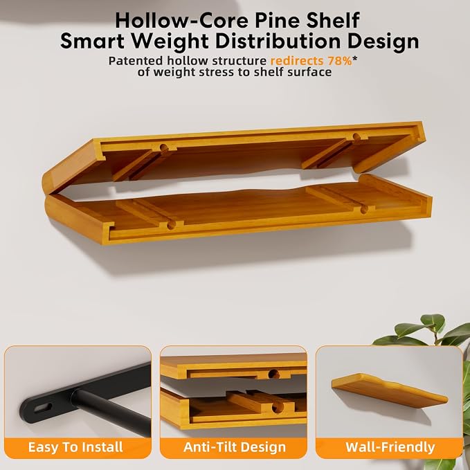 Solid Wood Live Edge Floating Shelves Set of 2 – 24" Rustic Wall Shelf with Hidden Bracket System, Wall Mounted Shelves for Bathroom, Kitchen, Living Room, Bedroom (Honey Walnut)