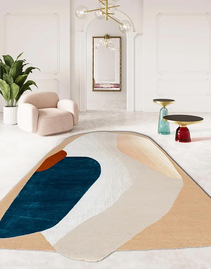 Minimalist Mid Century Modern Irregular Area Rug for Living Room Guestroom Bedroom Abstract Shaped Rug Low Pile Washable Carpet 10x16 Boho Art Meetingroom Home Office Foldable Rugs Cream Beige Brown