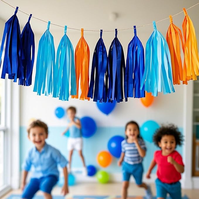 We Moment Navy Blue and Orange Tassel Garland Banner Paper Tassels for Birthday Party Decorations,Pack of 15