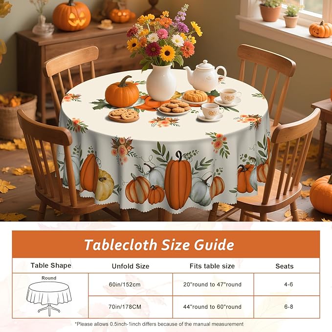 Eikione Fall Tablecloth 70Inch, Round Pumpkin Tablecloth, Thanksgiving Table Cover for Party Dining Picnic Table Decorations