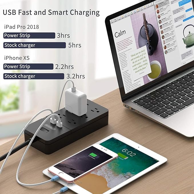 NTONPOWER 25 Ft Extension Cord Flat Plug, Surge Protector Power Strip with 6 Outlets 2 USB, 1875W/15A Circuit Breaker Overload Protection, 1080J, ETL Listed, Wall Mount for Home Office and Workbench