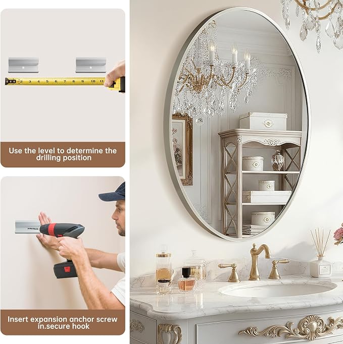 Oval Wall Mirror, 24"x36" Brushed Nickel Vanity Mirror, Bathroom Mirror of Metal Frame, Home Decorative Wall Mounted Mirror for Bathroom, Living Room, Entryway, Vanity