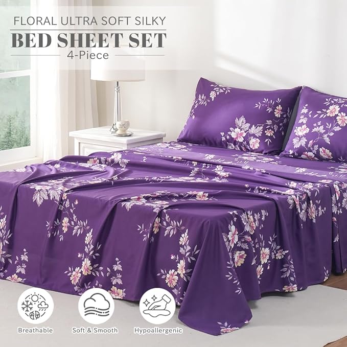 Bedlifes King Sheet Set Ultra Soft, Breathable, Silky Flower Deep Pocket 100% Microfiber Bedding, 4 Piece King Size Dark Purple Floral
