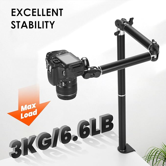 TARION Camera Desk Mount Overhead: Articulated Camera Arm Stand with Clamp 3/8'' 1/4'' Screws Adjustable Table Mount Flexible Gear Joints for DSLR, Phone, Projector TKA01-L (Upgraded Version)
