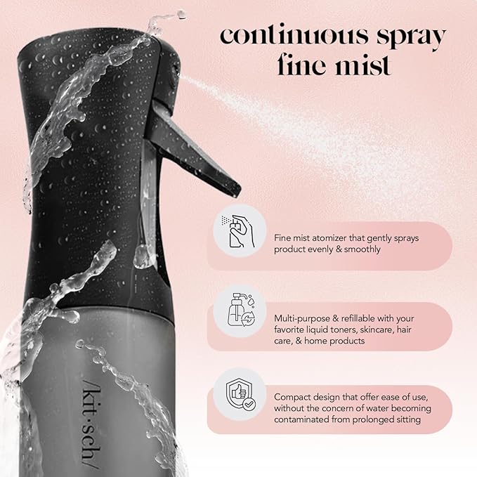 Kitsch Continuous Spray Bottle for Hair – Fine Mist Water Mister & Water Spray Bottle – Recycled Hair Spray Bottle – Spray Bottles for Cleaning, Styling, Plants & More – Black, 150ml