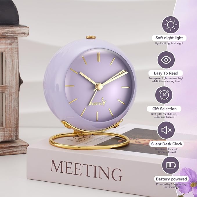 FLOITTUY Silent Table Analog Alarm Clock No Ticking, Lighted on Demand and Battery Operated, Beep Sounds, Small Desk Clock(Air Purple)
