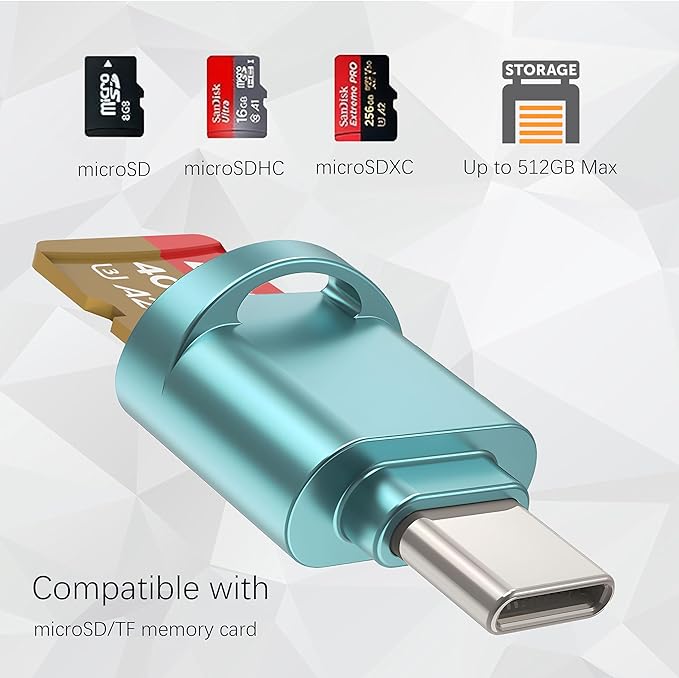 USB C Micro SD Card Reader for Android Phone, Camera, Laptop with Keychain, Mini Metal Type-C Card Reader (Bule)