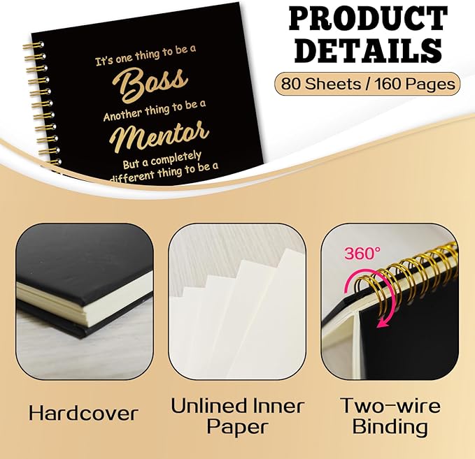 YAZMEEN Boss Black Gold Spiral Notebook（160 Pages） Thank You Blank Hardcover Notebook Journal Boss Appreciation Gift Retirement Farewell Gift Funny Birthday Gift for Boss Leader Mentor Manager Friend