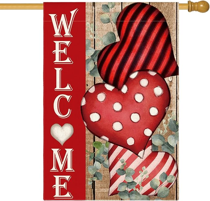AVOIN colorlife Valentines Day Welcome House Flag 28x40 Inch Double Sided, Anniversary Love Heart Rustic Yard Outdoor Decoration