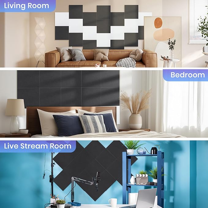 Focusound 18 Pack Sound Proof Panels for Walls, Self-Adhesive Acoustic Panels Sound Absorbing, 12" X 12" X 0.4" High Density Square Soundproof Wall Panels