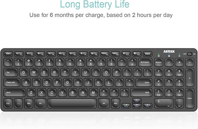 Arteck 2.4G Wireless Keyboard Ultra Slim Full Size Keyboard with Numeric Keypad and Media Hotkey for Computer/Desktop/PC/Laptop/Surface/Smart TV and Windows 10/8/ 7 Built-in Rechargeable Battery