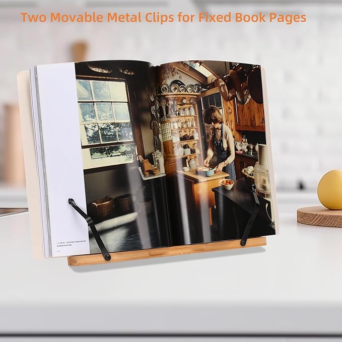 MEGREZ Bamboo Book Stand 13.2 x 9.4 inch, Foldable Cookbook Holder with 6 Adjustable Height, Reading Book Holder for Recipe, Music Book, Textbook, Tablet Stand, Butterflies