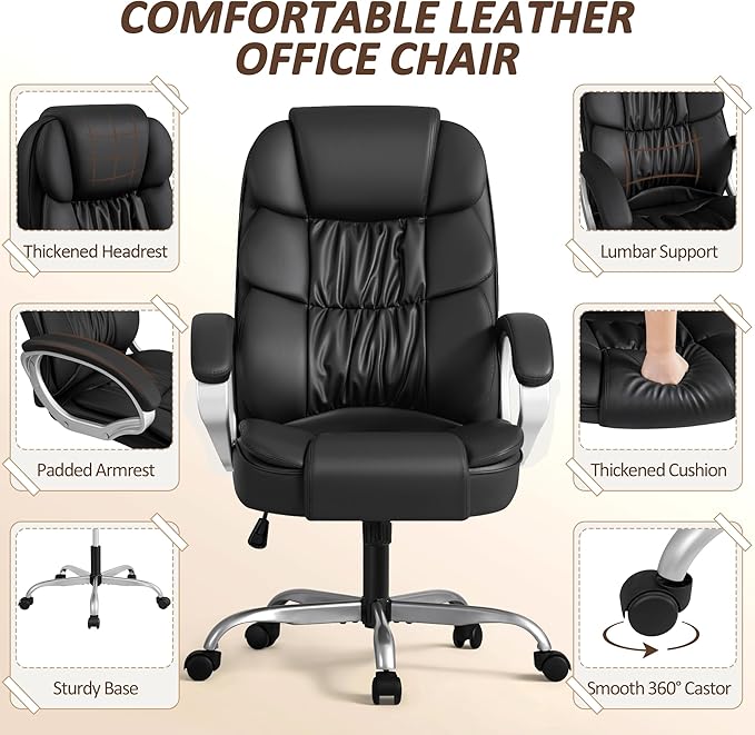Homall Office Chair High Back Computer Desk Chair, PU Leather Adjustable Height Modern Executive Swivel Task Chair with Padded Armrests and Lumbar Support (Black)