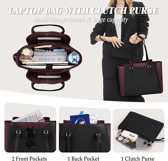 RAINSMORE Laptop Bag for Women 15.6 Inch Work Tote Bags Waterproof Computer Bags Leather Professional Laptop Purse Womens Laptop Briefcase Large Handbag for Office Teacher Travel, Black and Purple