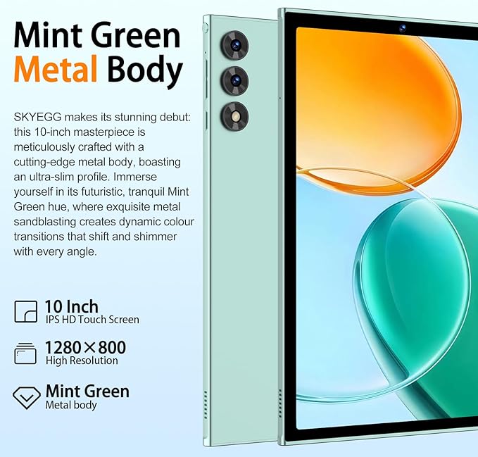 SKYEGG 2025 Android 15 Tablet 10.1 Inch Tablets, 30GB RAM 128GB ROM 1TB Expand, 8000mAh Battery, BT5.0, 2.4/5G Wi-Fi 6, Metal Body with Keyboard & Mouse, Gemini AI, Widevine L1 HD IPS Display - Green