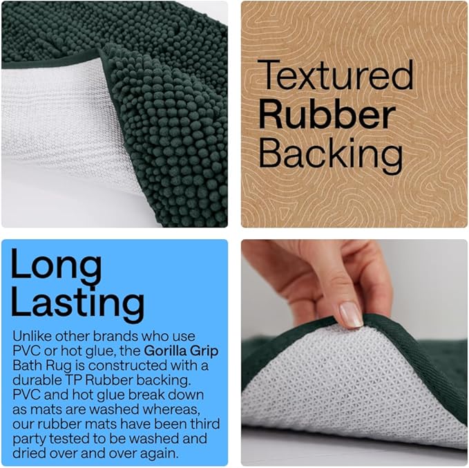 GORILLA GRIP Bath Rug Mat 44x26, Soft Absorbent Chenille, Quick Dry Microfiber Mats, Rubber Backing Washable Shower Floor Rugs, Bathmat Runner, US Designed Bathroom Decor Accessories Hunter Green