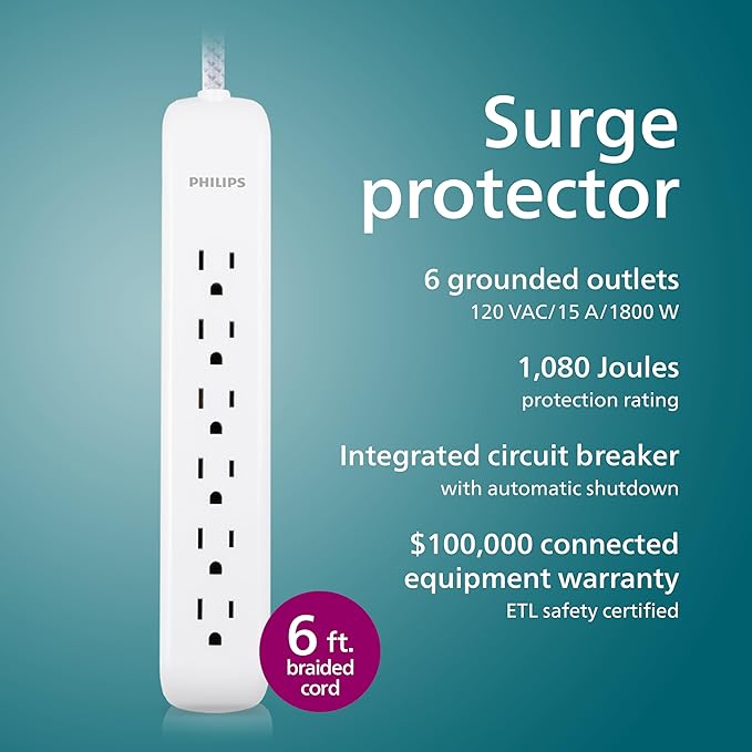 Philips 6 Outlet Power Strip Surge Protector, 6 Ft Power Cord, Designer Braided Extension Cord, Flat Plug, Perfect for Office or Home Décor, 1080 Joules, White, SPC3054WA/37