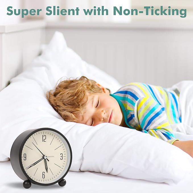 Blusaryme Analog Alarm Clock - 4 Inch Super Silent Non-Ticking, Battery Operated Small Clock with Night Light, Elegant Bedside Desk Clock for Bedroom, Living Room, Office, Student Gift