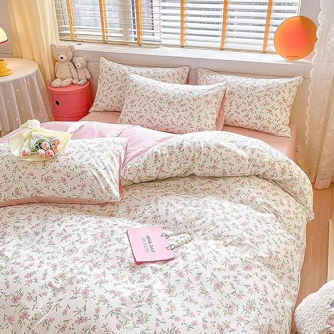 Vintage Style Pink Floral Duvet Cover King Cotton Garden Flower Duvet Cover Boho Cottagecore Bedding Set Chic Botanical Duvet Cover with 2 Pillowcases White Floral Comforter Cover King Bedding Set