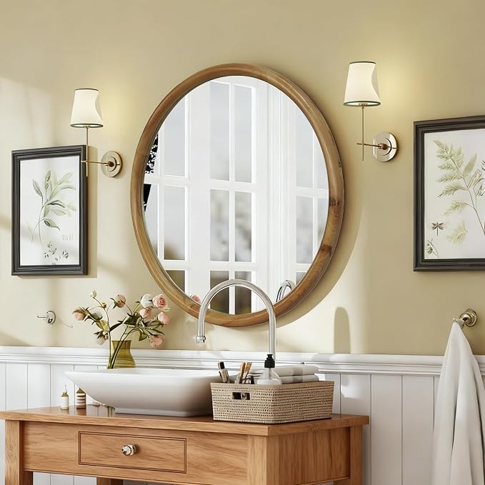 Round Wood Framed Wall Mirror – 23.62" Natural Wooden Circle Mirror for Bathroom, Bedroom, Entryway, Mid-Century Modern Decorative Mirror