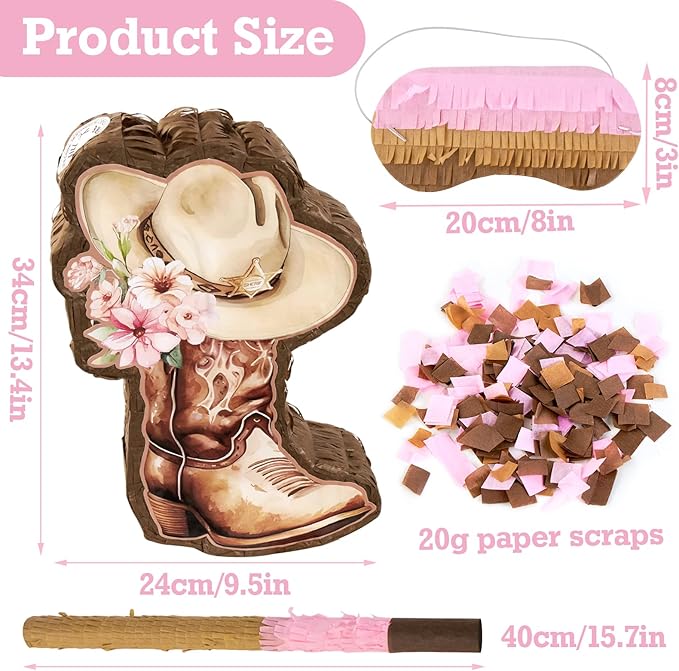 Cowgirl Pinata, Cute Western Horse Pinata for Birthday Girl party Favors, Pink Brown Boot pinata for Girls, Girls Birthday Party Decorations Supplies
