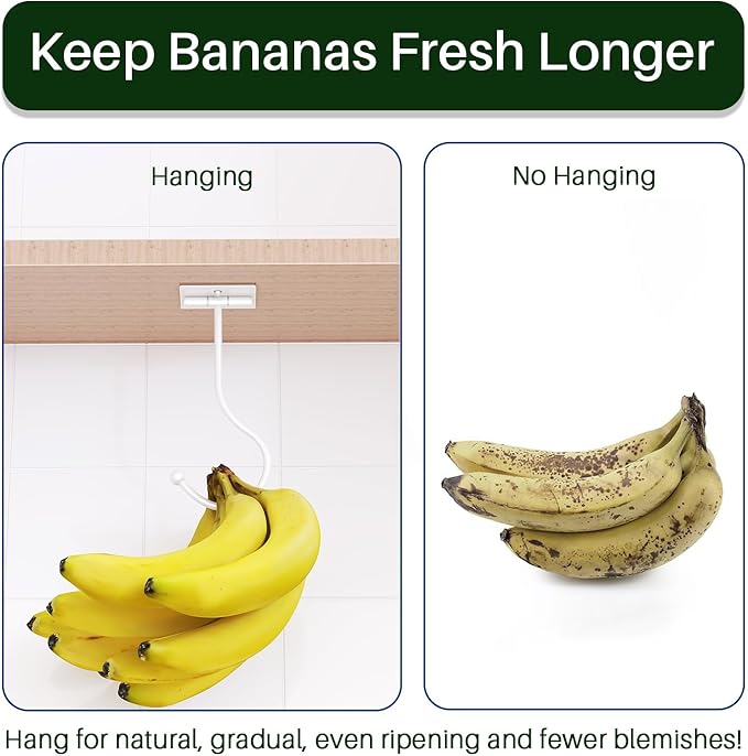 Modern Banana Hanger Hook Under Cabinet: Adhesive Banana Holder, Foldable with Magnets When Not in Use, Under Counter Banana Hook, Stainless, Hold 13 LB, White, 2 Pack