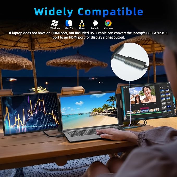 BKVOO Laptop Screen Extender 16-inch - Triple Laptop Monitor Extender Detachable FHD 1920x1200P IPS 235° Rotation Extra Portable Monitor Compatible with 13”-17” Mac Wins Dex Chrome