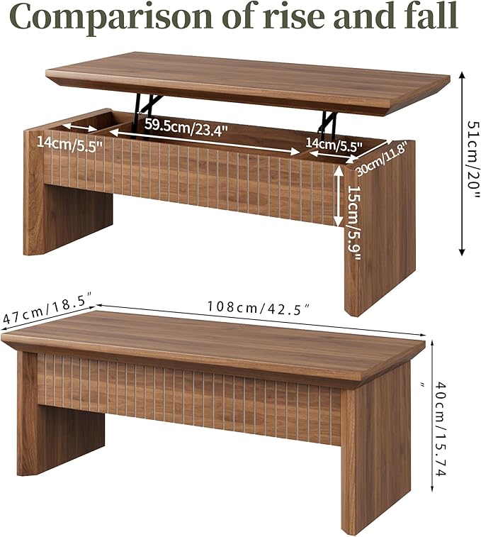 Lift Top Coffee Table with Storage, Mid Century Modern Coffee Table with Hidden Compartment, Fluted Wood Rectangle Center Table for Living Room, Home Office, Walnut (Walnut, 42.5" W)